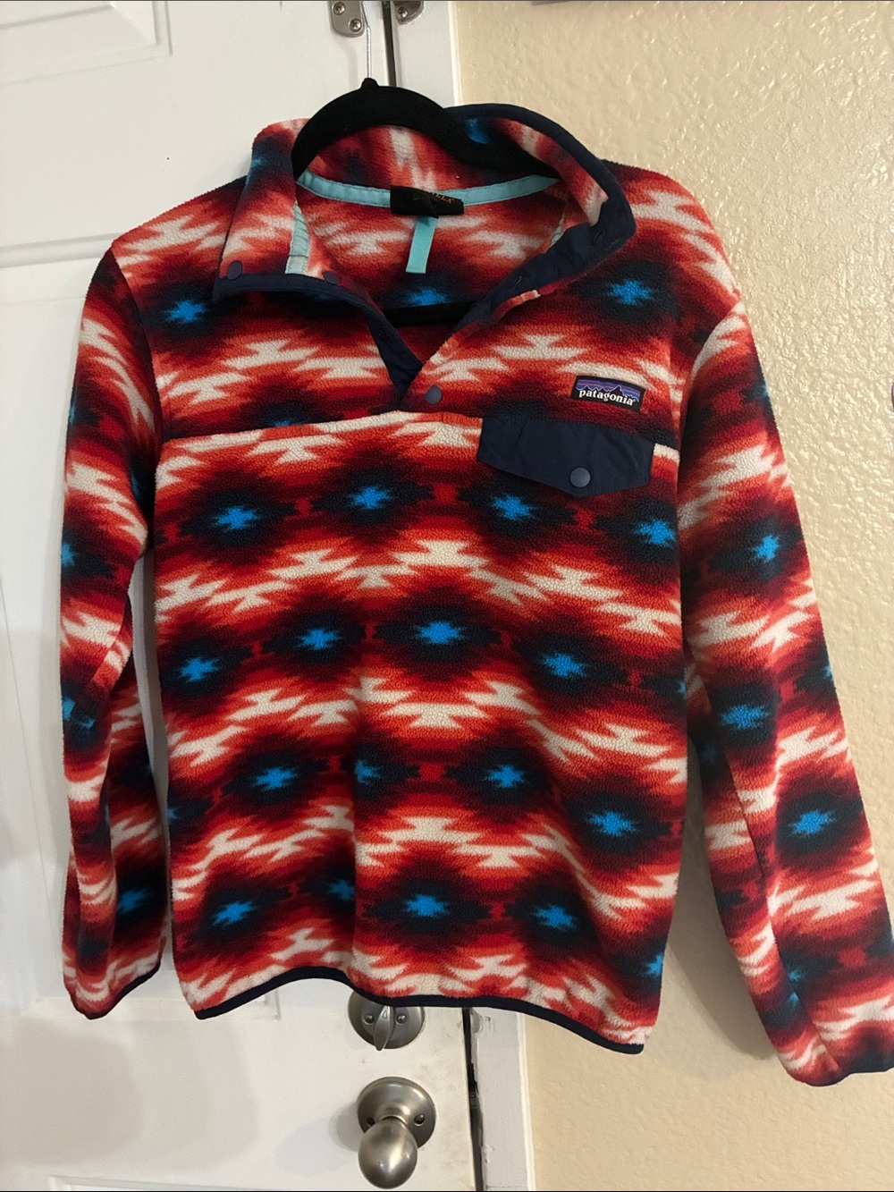 Patagonia red, turquoise & navy patterned Snap-T Pullover